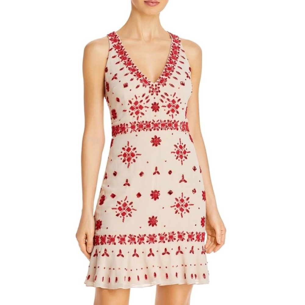 Aidan by Aidan Mattox Cream and Red Beaded Dress size‎ 2 XS wedding guest party